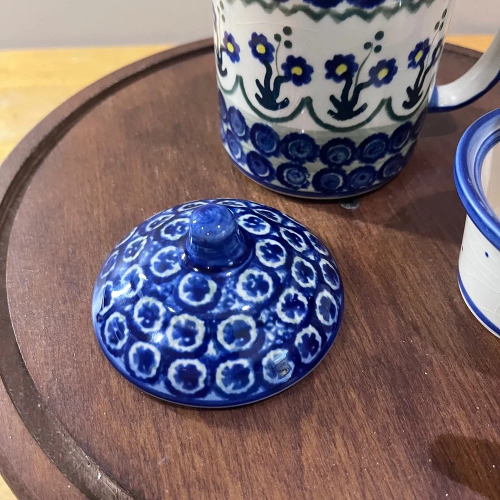 Vtg Polish Pottery Unikat Tea Infuser Mug Strainer Set Boleslawiec Blue Floral